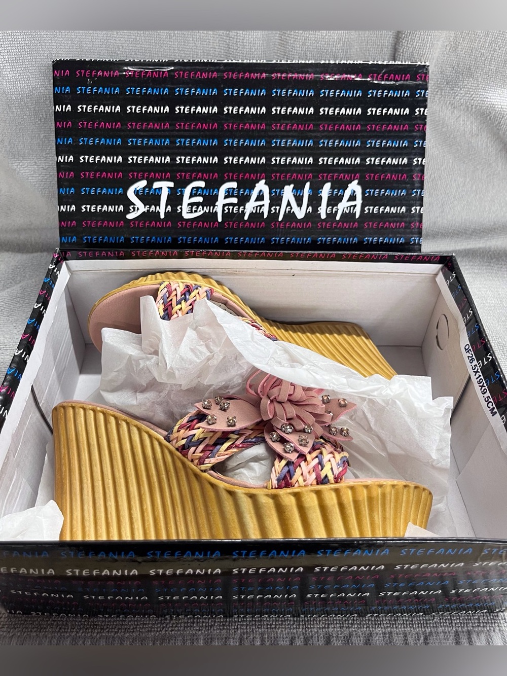 Stefania Italy Multicolour Braided Wedge Sandals Pink Floral Rhinestone EU 36